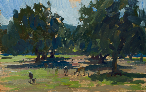 plein air painting of deer in the parco dell"uccellina, maremma, tuscany.