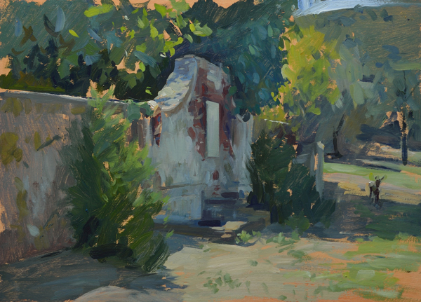 Plein air painting of a deer by the old well in Cala di Forno, Italy.