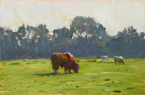 Oil painting of a bull in a field in Norfolk.