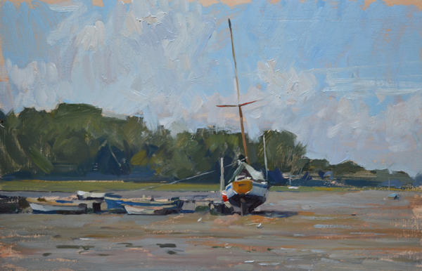 Plein air painting of a sailboat in the mud at Pin Mill, Suffolk.