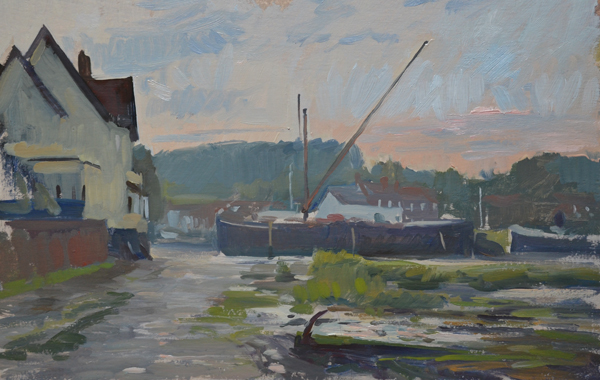 Plein air painting of Pin Mill at Sunset.