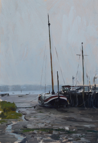 Plein air painting of a barge in the fog at Pin Mill, Suffolk.