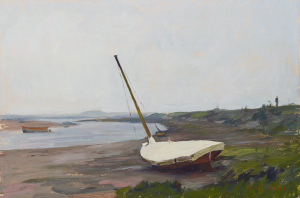 Plein air painting of a sailboat at Burnham Overy Staithe, Norfolk.