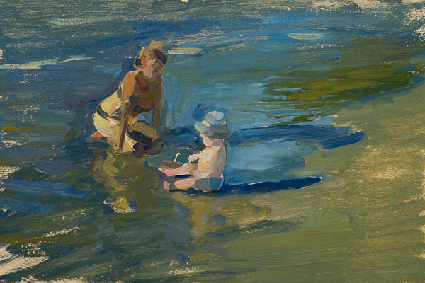 Plein air painting of a mother and child on the beach.