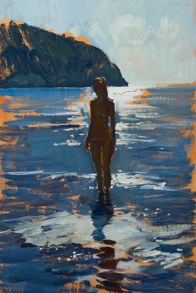 Plein air painting of a woman backlit in the sea.