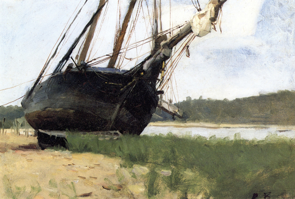 Oil painting by Dennis Miller Bunker of a beached boat.