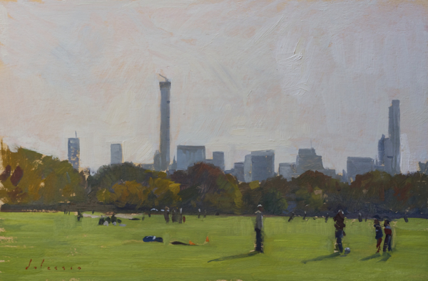 Plein air painting of soccer players in Central Park, NYC