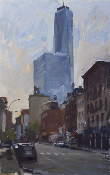Plein air painting of the Freedom Tower from West Broadway.
