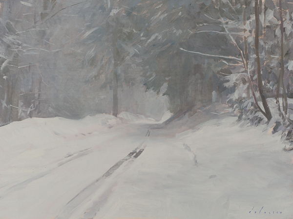 Plein air painting of a road in the snow near Les Plans, Switzerland.