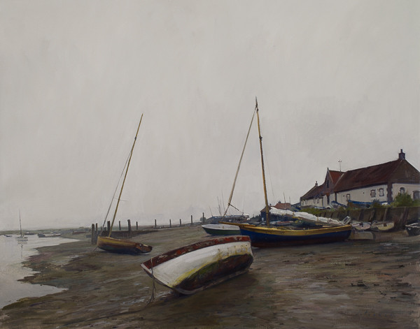 Landscape painting of Boats at Low Tide, Burnham Overy Staithe. 