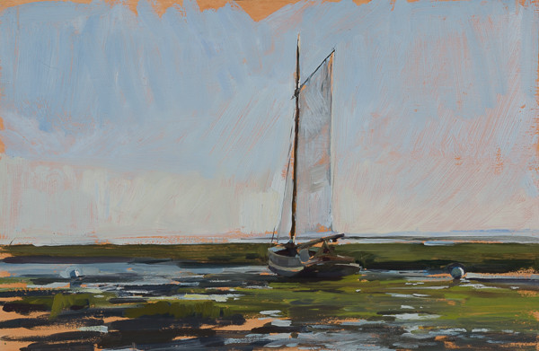 Plein air painting of a sailboat at Cap Ferret, France.