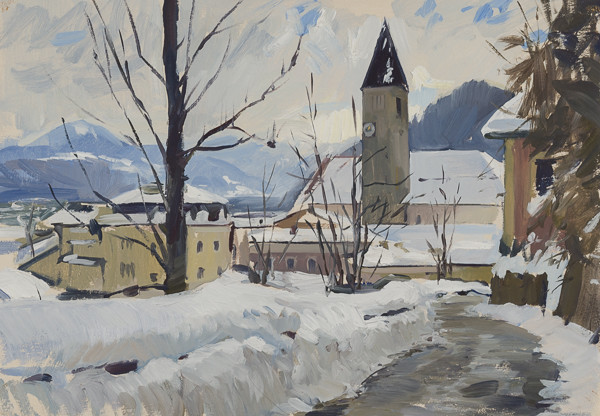 Oil painting of Hallein, Austria in the snow.