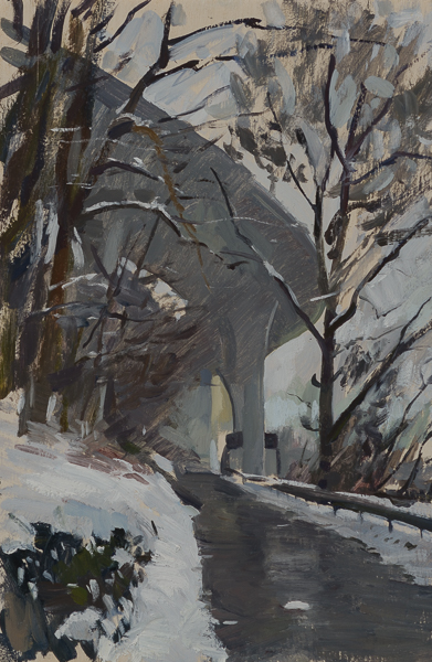 Plein air landscape of an overpass in the snow.
