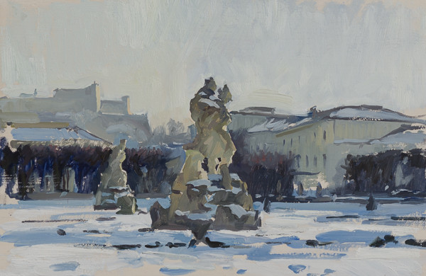 Painting of the Mirabell Garden statues in the snow, Salzburg, Austria.