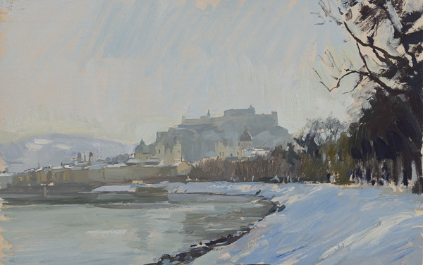 Plein air painting of Salzburg in winter.