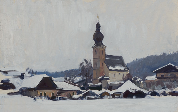 Plein air painting of St. Leonhard in the winter.