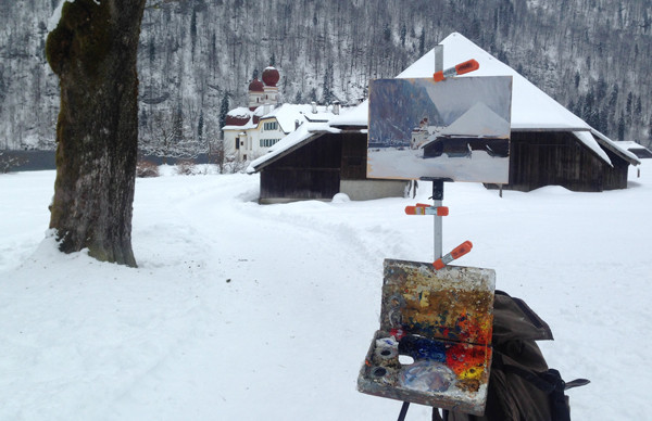Photo of my plein air at painting set up at St. Bartholomew's Church, near Berchtesgaden.