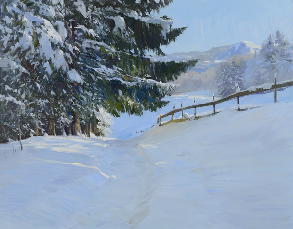 Oil painting of a path in the snow above Bad Dürrnberg, Austria.
