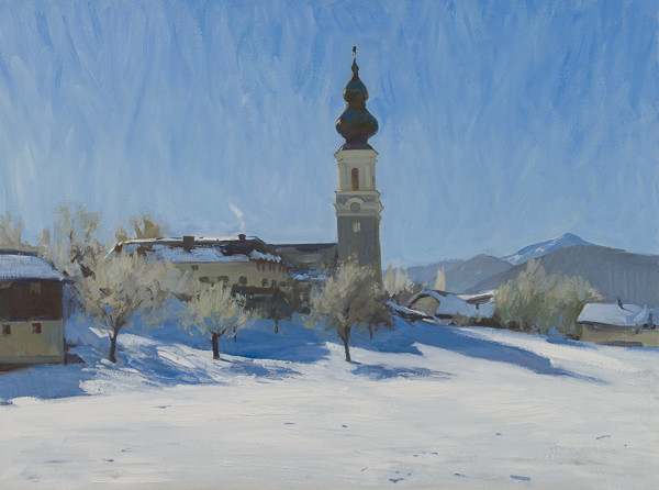 Oil painting of the Church at Faistenau, Austria in the winter.