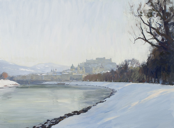 Landscape painting of Salzburg in the winter.