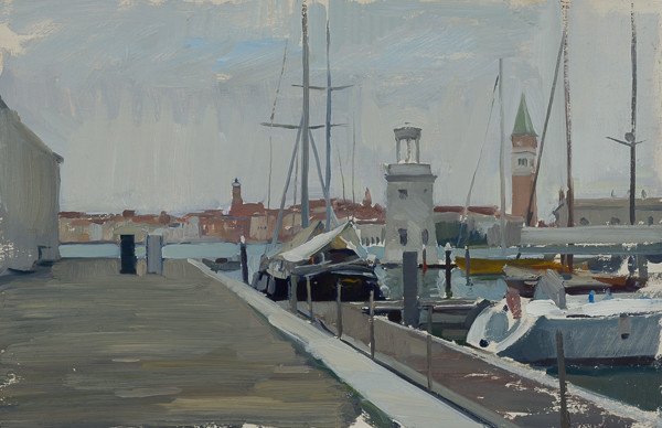 Painting of a sailboat moored in the harbor on San Giorgio, Venice, Italy.