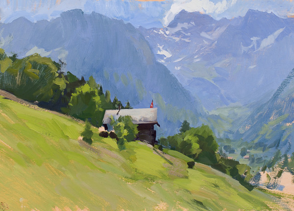 Plein air landscape painting of a house above Les Plans, Switzerland.