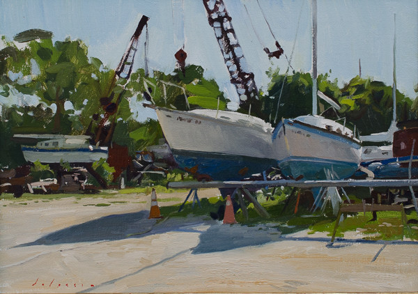 Plein air landscape painting of a boatyard in East Hampton.