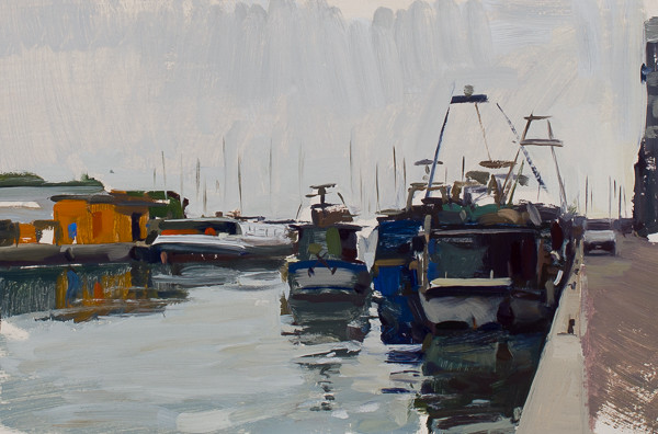 Plein air painting of fishing boats in Chioggia, Italy.