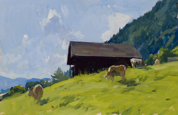 Plein air painting of cows in a field in Switzerland.