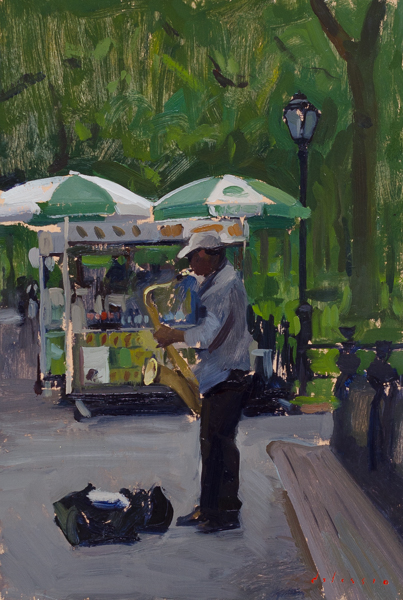 Plein air painting of a Saxophonist in Central Park.