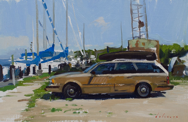Painting of a Station Wagon in a boat yard in East Hampton.