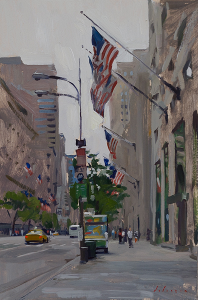 Plein air painting of the flags on Fifth Avenue.