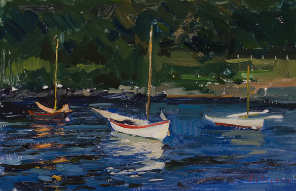 Plein air painting of dinghies at sunset in Lunenburg.