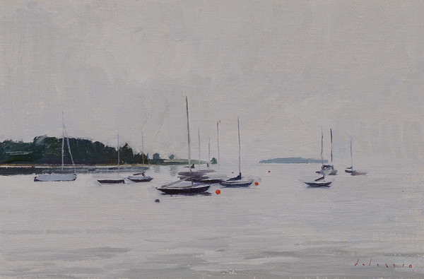 Plein air painting of boats in Chester Harbor, Nova Scotia.