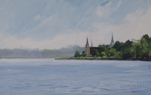 Plein air painting of the churches in Mahone Bay.