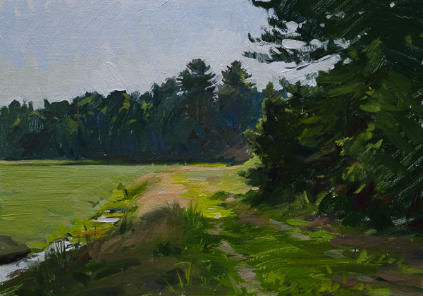 Landscape painting of a cranberry bog.