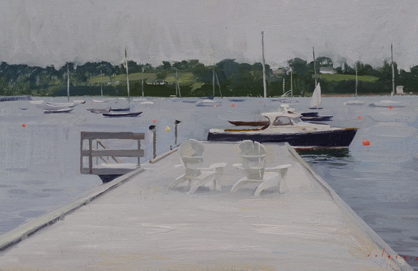 Plein air painting of a dock in Chester, Nova Scotia.