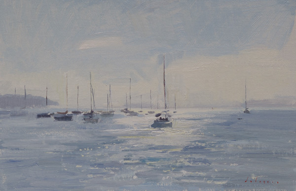 Plein air landscape painting of fog lifting in Mahone Bay.
