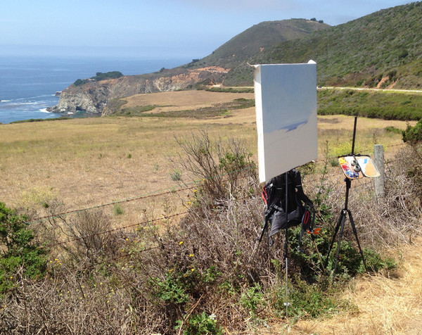 Plein air landscape painting set up in Big Sur, California.