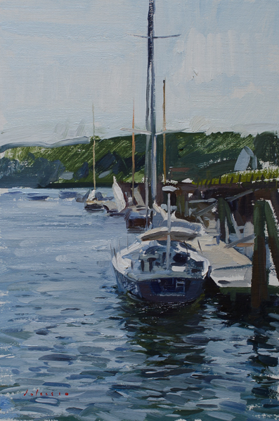 Plein air painting of a sailboat in Rockport, Maine.