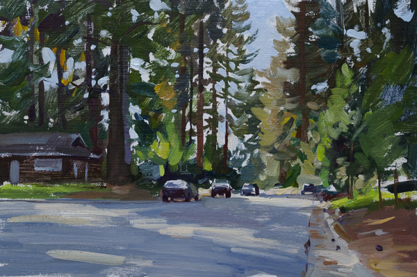 Plein air painting of a street in South Lake Tahoe, California.