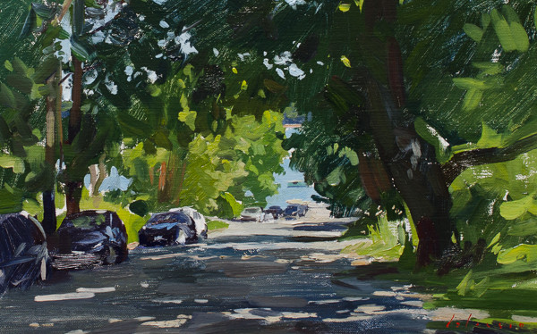 Plein air painting of a road in Friendship, Maine.