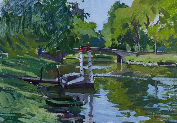Plein air painting of the Boston Gondola dock on the Charles River.