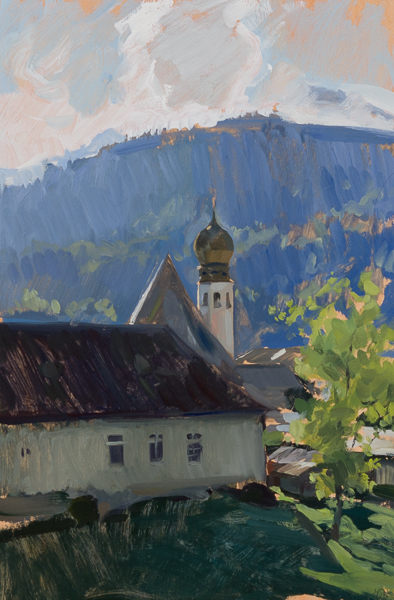 Plein air painting of a church in Oberau, Germany.