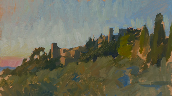 Plein air painting of a sunset in Tuscany.