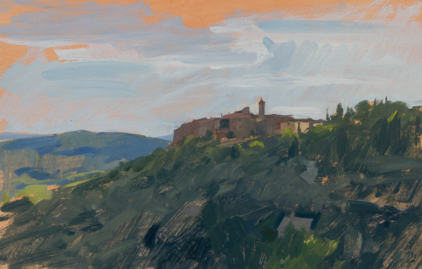 Plein air landscape painting of Castelmuzio.