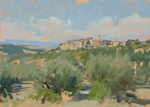 Plein air landscape painting of Castelmuzio.