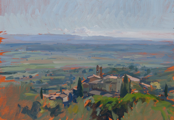 Plein air landscape painting of Scrofiano, Tuscany.