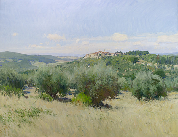 Studio landscape painting of Castelmuzio, Tuscany by Marc Dalessio