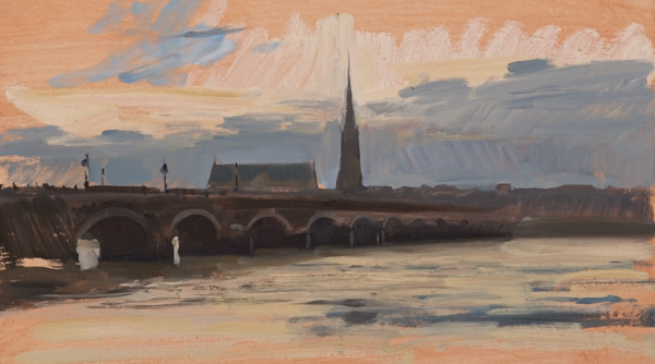 Plein air landscape painting of a sunset in Bordeaux, France.